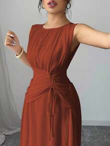 Vestido maxi casual, romántico, vintage y elegante de gasa para mujer con cordón en la cintura, para la playa, el té de la tarde, fiestas de noche, uso diario, sin mangas, de unicolor, vestido largo, primavera/verano - Óxido marrón - Ver 6
