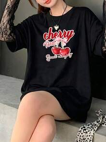 星河女孩黑色网纱袖圆领宽松新款T恤，蕾丝拼接袖，樱桃英文图案，性感风格，适合春、夏、秋季穿着 - 2A10黑色-KJ0377 - 查看 6