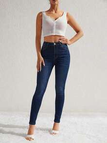 Jeans vaqueros de mujer ceñidos con bolsillos, informales y versátiles - Azul lavado oscuro 3 - Ver 8