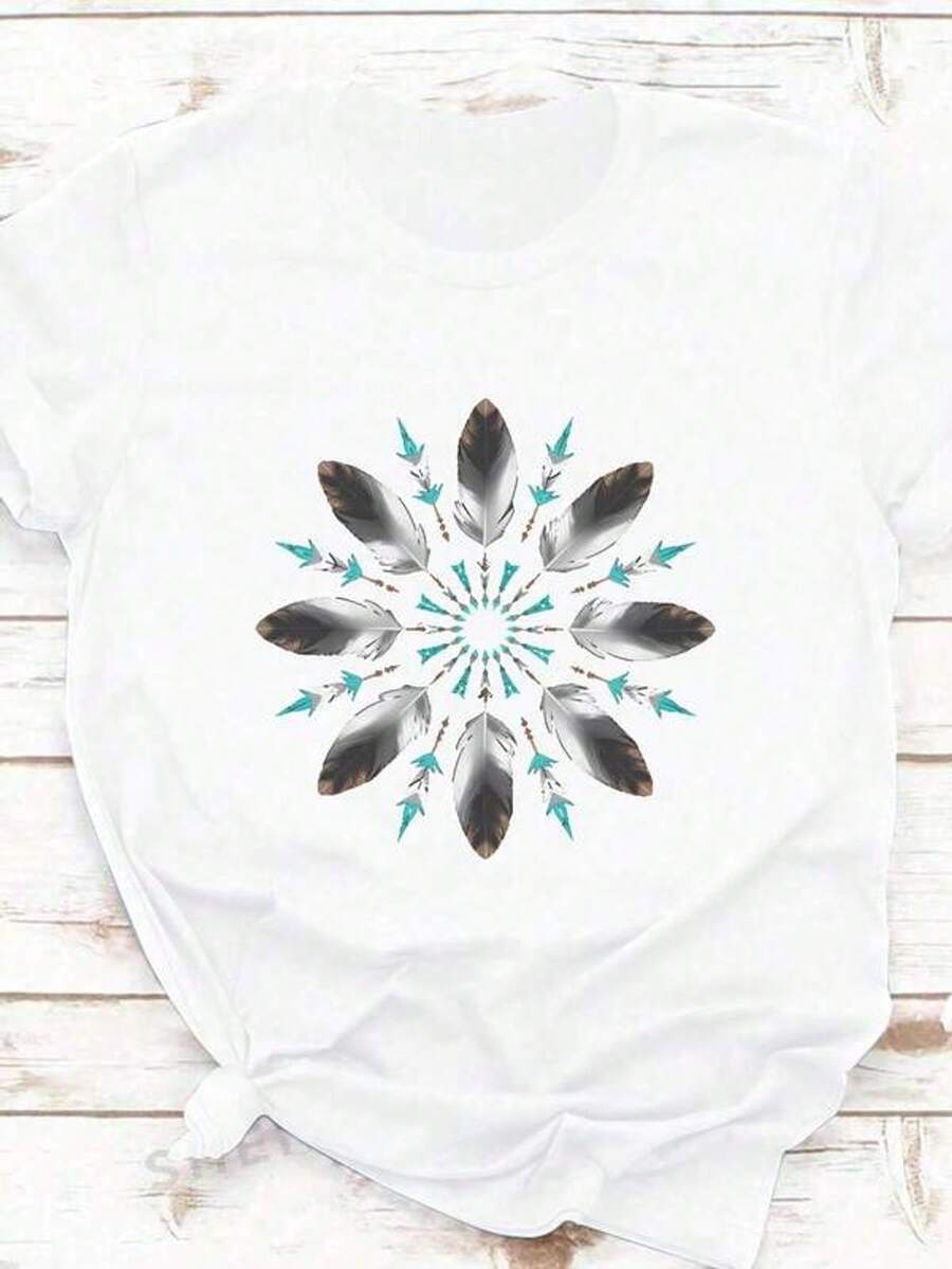 Camiseta de aodón puro para mujer con estampado inspirado en el mandala de plumas, uste cómodo