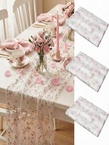 3 piezas Camino de mesa floral, Bufanda de mesa bordada de 10 pies, Tela de malla para todas las estaciones, Decoración de encaje de primavera/verano adecuada para boda, baby shower, fiesta, cocina y comedor, Suministros de manualidades hechos a mano - Multicolor - Ver 2