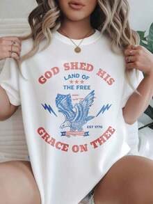 Vintage God Shed His Grace On Thee Land Of The Free Eagle Design Fashionable Casual Printed T-Shirt For Women, Suitable For All Seasons

-WhiteFashion - 白色 - 查看 1