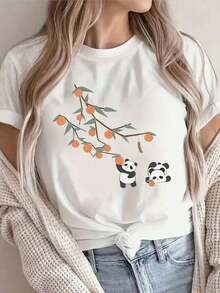 Camiseta Casual de Cuello Redondo para Mujer, Tejido de Poliéster, Largo Regular, con Estampado de Panda Anime y Naranja, Adecuada para Todas las Temporadas, Manga Corta Transpirable, Camisetas para Damas, Ideal para primavera, verano y otoño. - Blanco - Ver 1