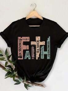 TrendySummer Casual Crew Neck T-Shirt, Christian T-Shirt, Bible Verse T-Shirt, Christian Religious T-Shirt, Retro Faith T-Shirt, Christian Cross Pattern T-Shirt, Slim Fit Short Sleeve T-Shirt For Everyday Wear - 黑色 - 查看 4