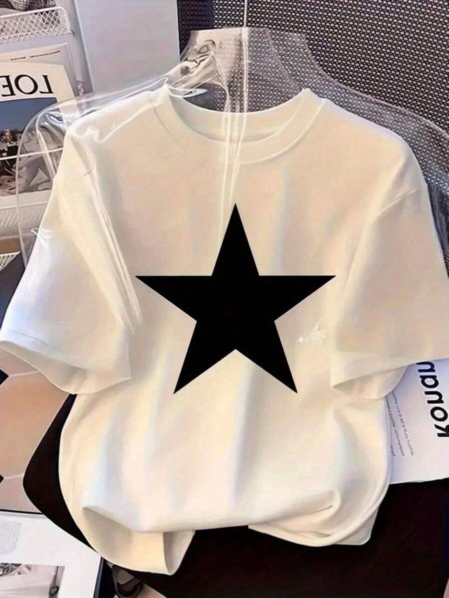 Camisetas de Talla Grande para Mujer - Camiseta Holgada de Hombros Caídos, Tops Casuales de Manga Corta, 1 Pieza de Camiseta Casual de Manga Corta para Mujer con Estampado de Estrella de Cinco Puntas Negra, Diseño Geométrico Minimalista, Fuerte Impacto Visual, Versátil y Adecuada para Todos, Transpirable y Cómoda. - Blanco - Ver 1