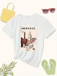 Limited Edition Women's T-Shirt With Moroccan Street Scene Print - Casual Breathable Crew Neck Design, Travel Inspired, Machine Washable, Comfortable Fit, Stylish Top, Medium Stretch Fabric, Modern Style, Comfortable Material, Printed Top, Excellent Gift Choice, Lightweight Cotton. - 白色 - 查看 4