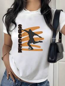 Figure Of A Player Jumping Energetically, Showing Passion And Powerful Movement Against An Orange Background, Symbolizing The Strength Of Sport And The Joy Of The Game. Modern Casual Women's T-Shirt For Football Lovers - 白色 - 查看 1