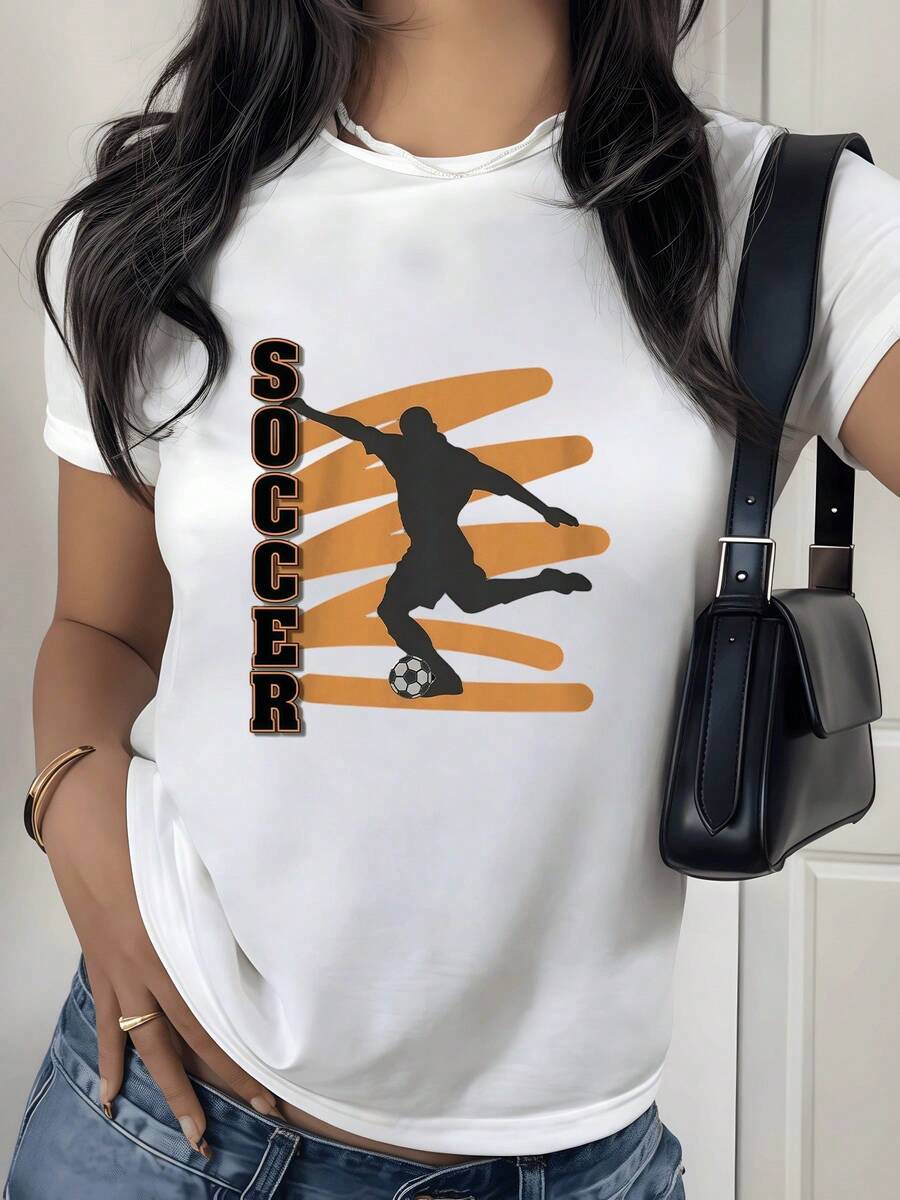 Figure Of A Player Jumping Energetically, Showing Passion And Powerful Movement Against An Orange Background, Symbolizing The Strength Of Sport And The Joy Of The Game. Modern Casual Women's T-Shirt For Football Lovers - 白色 - 查看 1