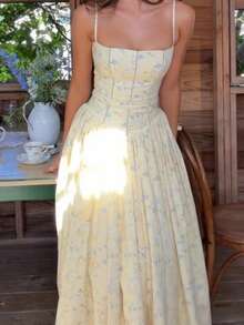New Summer Collection: White Floral Print Dress With Straps, French Country Style, Fitted Cut, Elegant And Sensual European Fashion For Women - 黃色 - 查看 8