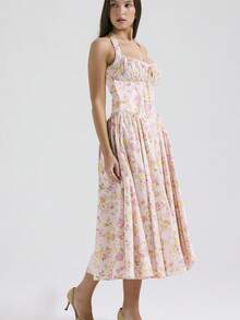 Vestido largo tirantes ajustable con estampado elegante estilo europeo - Rosa Pálido - Ver 5