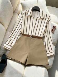 Conjunto de camisa holgada con rayas y pantalones cortos de talle alto en azul marino, conjunto de vestir minimalista y elegante para primavera/verano - Caqui - Ver 4
