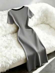 Vestido de manga corta con botones delanteros y ribete de punto, estilo elegante francés para mujer - Gris Claro - Ver 2