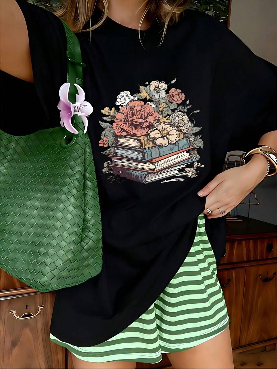 Glamorous Pearl Elegant Lady Silhouette Graphic T-Shirt, 100% Cotton Oversized Soft Breathable Chic Tee, Casual Crewneck Short Sleeve Top For Parties & Special Occasions - 黑色 - 查看 1