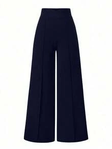 Pantalones anchos de cintura alta de unicolor de uso casual para mujeres - Azul marino - Ver 8