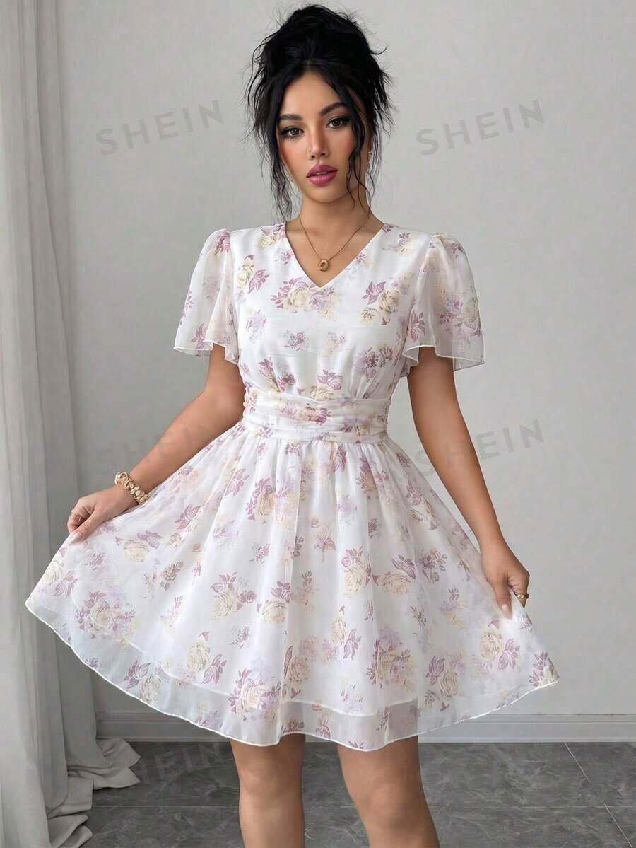 Vestido corto con estampado digital fruncido de diseño francés para mujeres - Rosa Fucsia - Ver 1