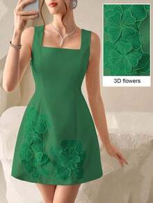 Vestido mini sexy con decoración floral 3D y cinturón a la cintura en color amarillo pálido, adecuado para citas, fiestas y ocasiones formales - Verde - Ver 1