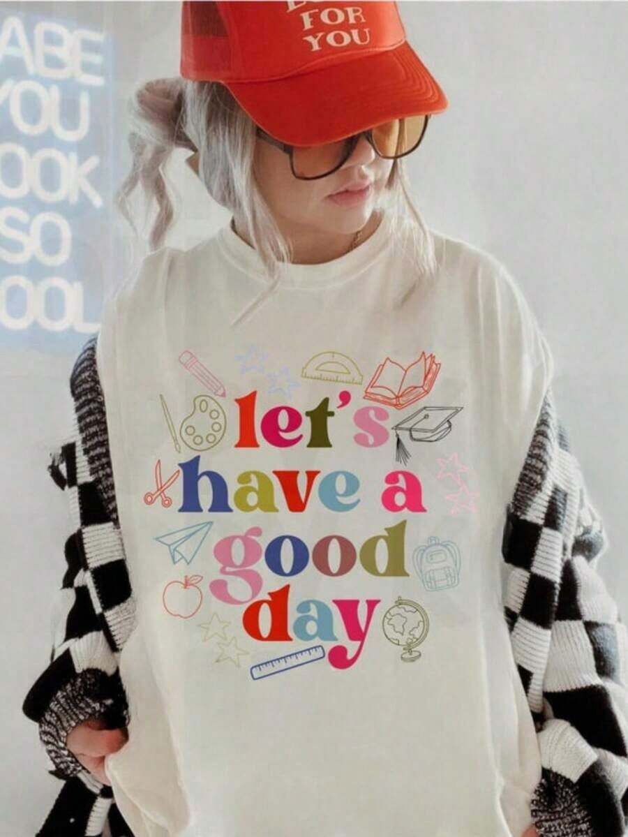 Playera minimalista moderna 100% algodón Let's Have A Good Day T Shirt, Camiseta para Maestros, Camiseta para Educadores - Blanco - Ver 1