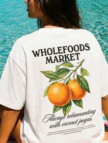 Camiseta de mujer moderna, informal, para fiestas y para estar en casa, 100% algodón, corte holgado. Camiseta Vintage de Mujer con Estampado Naranja Fresco, Hombros Caídos, Corte Oversize, Estilo Casual para Vacaciones y Ropa Urbana, Camiseta Gráfica Transpirable de Ajuste Holgado para Uso Diario, Viajes a la Playa, Escapadas de Vacaciones, Salidas de Fin de Semana, Camiseta Cómoda de Estética Retro Y2K para Looks de Moda Virales e Ideas de Ropa. - Blanco - Ver 1
