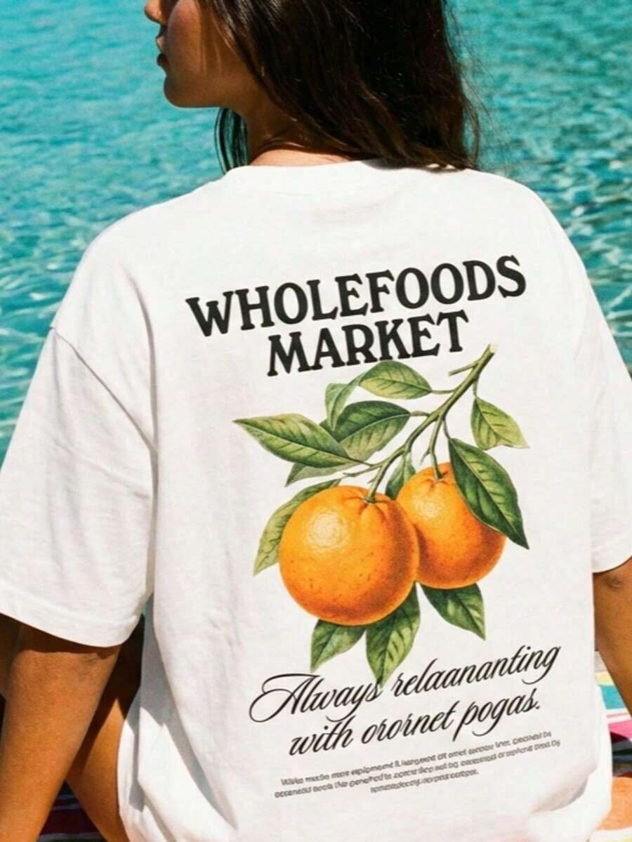Camiseta de mujer moderna, informal, para fiestas y para estar en casa, 100% algodón, corte holgado. Camiseta Vintage de Mujer con Estampado Naranja Fresco, Hombros Caídos, Corte Oversize, Estilo Casual para Vacaciones y Ropa Urbana, Camiseta Gráfica Transpirable de Ajuste Holgado para Uso Diario, Viajes a la Playa, Escapadas de Vacaciones, Salidas de Fin de Semana, Camiseta Cómoda de Estética Retro Y2K para Looks de Moda Virales e Ideas de Ropa. - Blanco - Ver 1