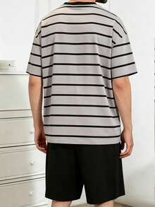 Men's Striped & Solid Color Short Sleeve Shorts 2-Piece Pajama Set, Lightweight, Minimalist, Neutral Style For Summer - Multicolor - View 4