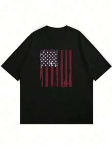 1 pieza de camiseta casual de manga corta con cuello redondo y estampado de la bandera de EE.UU.para hombre, 180 g, 100% algodón. - Blanco - Ver 9