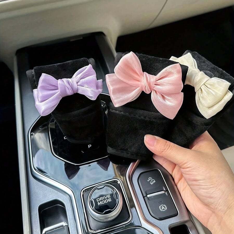 1pc Plush Handbrake And Gear Shift Knob Cover With Bow Decor For Car - Bow - View 1
