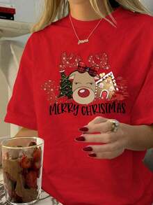 NewSummerCasualPlayera Navideña con estampado de Reno y accesorios Navideños, diseño colorido, ideal para esta temporada y uso diario, llamativo, moderno, holgado, cuello redondo, manga corta, ideal para toda la familia-Vintage Street Style Unisex Loose Cotton Short Sleeve Crew Neck T-Shirt - Rojo - Ver 6