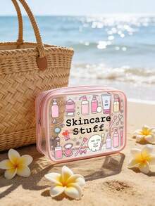 "Skincare Stuff" 字母印花 PVC 洗漱包，PVC 旅行收納袋附拉鍊開關，化妝包，便攜式化妝箱，適合母親、老師、朋友、護士，化妝袋，學校假期開學必備旅行用品 - 彩色 - 查看 8