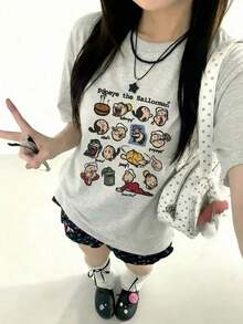 Short-Sleeved T-Shirt With American Retro Design, Unique Design, Slim Fit, Casual Style, Black Color. - 淺灰色 - 查看 9