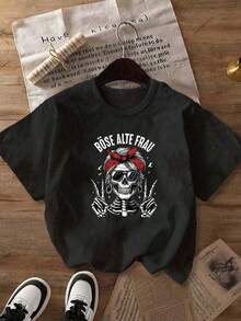 Short-Sleeved T-Shirt With Round Neck And Skeleton Print, Comfortable For Spring/Summer - Black - View 5