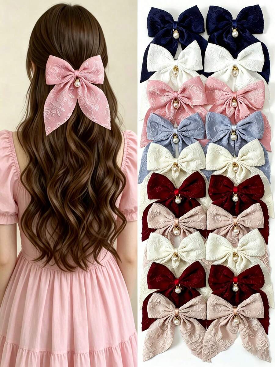 VBOOR 6pcs Korean Retro Soft Bowknot Hair Clips, Textured Fabric Hair Accessories With Pearl Pendant, Suitable For Daily, Commute And Dates - Multicolor - View 1