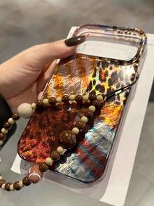 Luxury Patchwork Leopard Print Phone Case With Pearl Chain, Suitable For IPhone 17 Pro Max, 17 Pro, 16 Pro Max, 16 Pro, 15, 14, 13, 12 Pro Max, 11, Fashionable Amber Color Protective Back Cover - Leopard Print - View 5