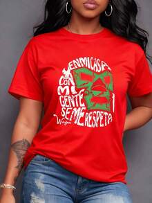 The Graphic Shows A Wrestler's Mask In Green And Red, Symbolizing Strength, Cultural Pride, And Respect, With Hand-Painted Text Expressing Trust, Courage, And Unity Among People. Women's T-Shirt, 100% Cotton - Vintage Street Style Unisex Loose Cotton Short Sleeve Crew Neck Shirt - 紅色 - 查看 7
