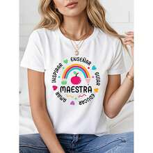 Women's Pure Cotton T-Shirt With A Colorful Design For Teachers, Featuring A Rainbow, An Apple, And The Inspirational Words: Educate, Love, Inspire, Teach, And Guide. Women's T-Shirts. - 白色 - 查看 6