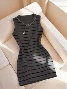 Vestido de mujer de cuello redondo ajustado sin mangas con estampado de rayas, primavera/verano - Multicolor 4 - Ver 4