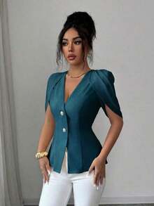 Blazer elegante y romántico para mujer con cuello en V, plisado y cintura ceñida - Agua verde azul - Ver 3