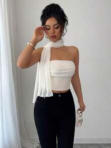 Top de camisola plisado con decoración de bufanda de malla elegante para mujeres - Albaricoque - Ver 6