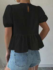 Blusa con volantes y mangas abullonadas con lazo en la parte delantera - Negro - Ver 2