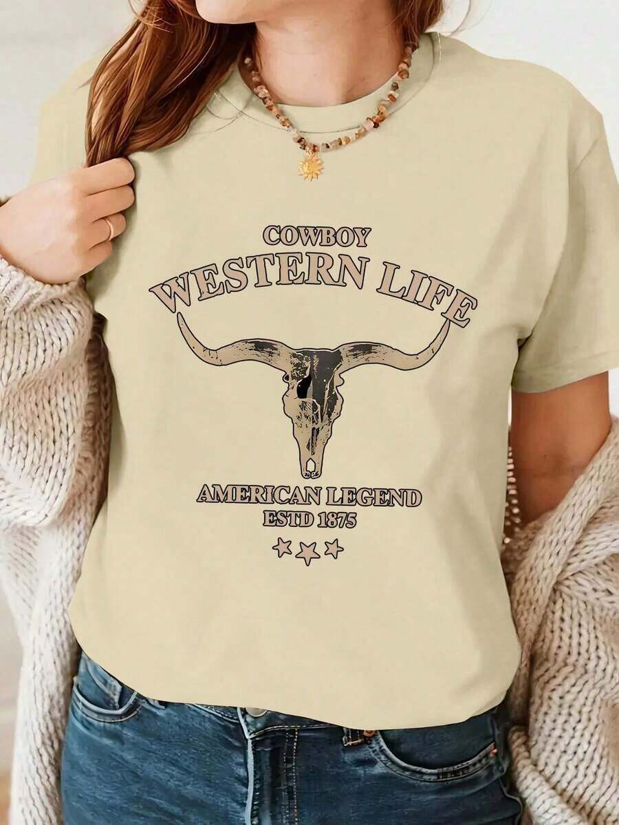 Breathable "Western Cowboy Horn" Pattern, Comfortable Retro Style, Suitable For Everyday Wear - Retro Casual Top, Soft And Stretchy Round Neck, Suitable For Spring, Summer And Autumn, Women's Casual Shirt; Women's T-Shirt; Women's Spring And Summer Clothing; Top, Women's Sports Top - 杏 - 查看 1