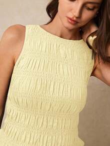 Camiseta de mujer informal de cuello redondo con pliegues de color liso y versátil - Amarillo - Ver 3