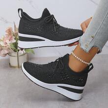 Women's New Sports Style Lace-Up Rhinestone Outdoor Wedge Thick Bottom Casual Sneakers, Breathable Comfortable Running Shoes, Outdoor Travel Shoes, Suitable For All Seasons,Indoor Chunky Heels, Casual Sports Shoes For Commuting To Work - 黑色 - 查看 1