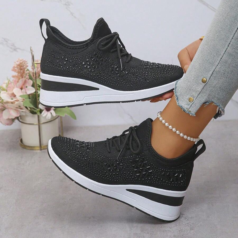 Women's New Sports Style Lace-Up Rhinestone Outdoor Wedge Thick Bottom Casual Sneakers, Breathable Comfortable Running Shoes, Outdoor Travel Shoes, Suitable For All Seasons,Indoor Chunky Heels, Casual Sports Shoes For Commuting To Work - 黑色 - 查看 1