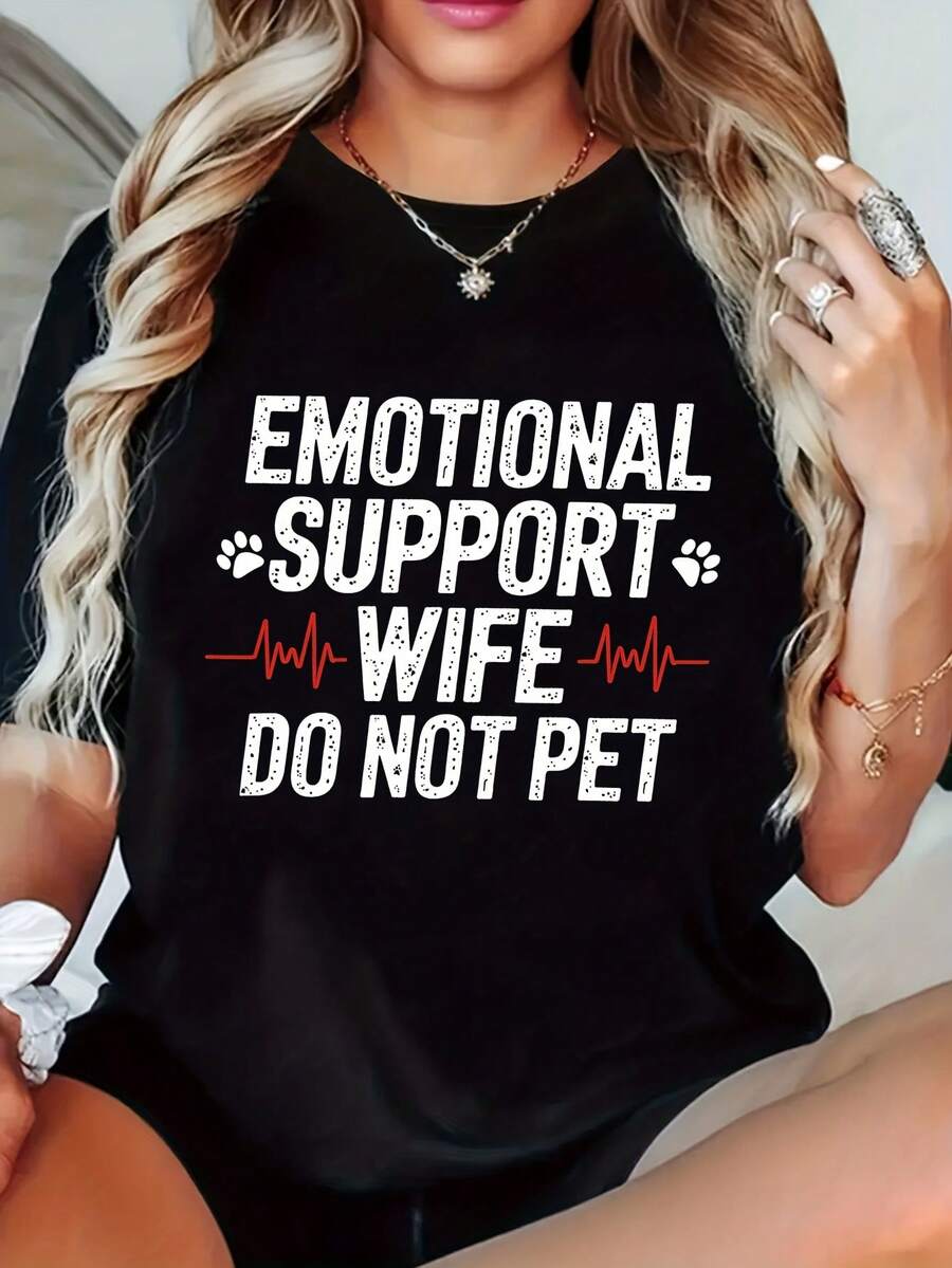 Plus Size Women's T-Shirt, Wife T-Shirt - Humorous Round Neck Short Sleeve Top With Heartbeat Design And Slightly Stretchy Fabric, Casual Spring Summer Blouse, Machine Washable Gift Clothing - 黑色 - 查看 1