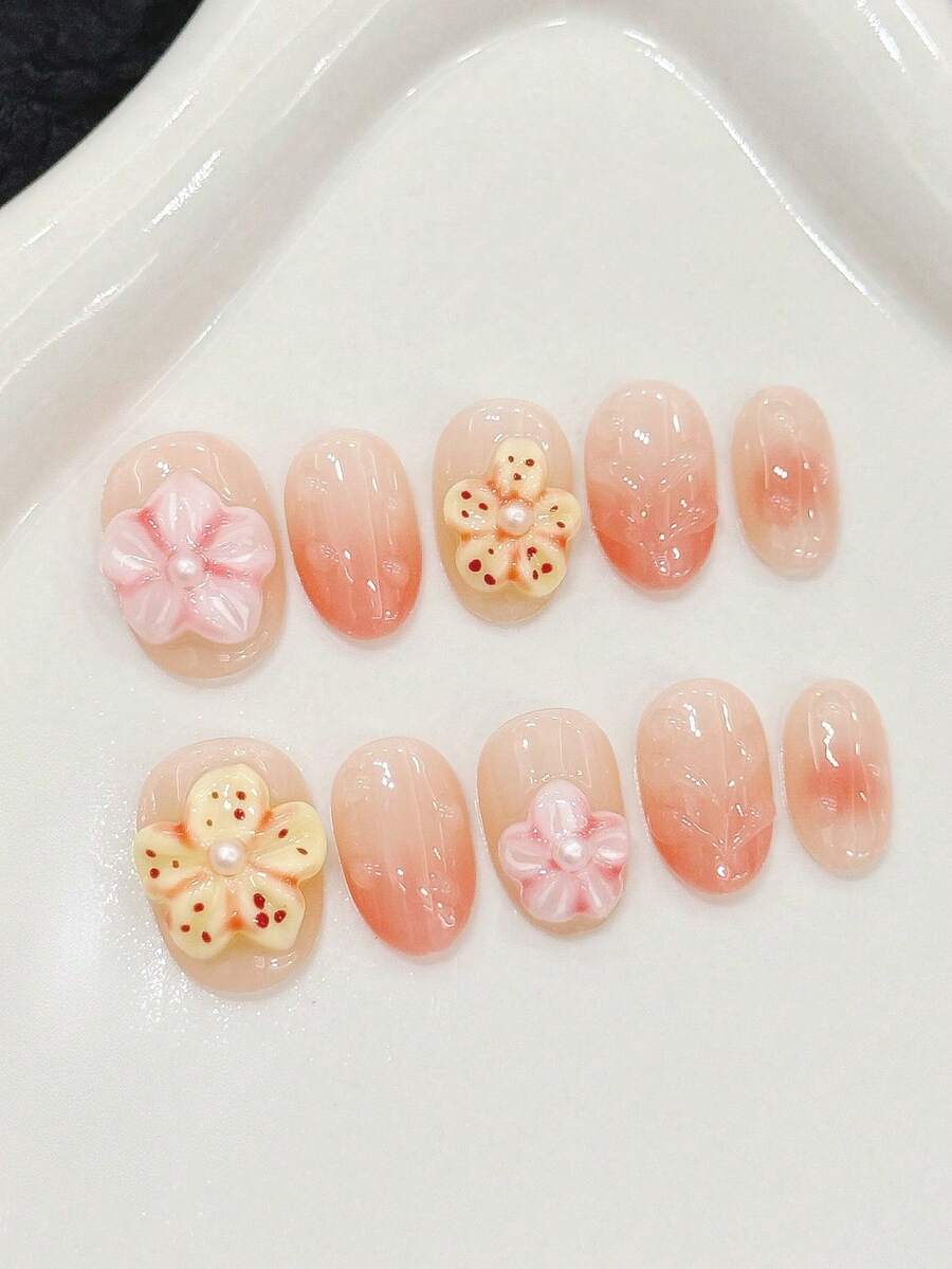 10片/套 按压式美甲贴片,鸡蛋花图案,夏季海滩度假风格,手工塑形花朵,短款,高端手工可佩戴美甲贴片。 - 亮橙色 - 查看 1