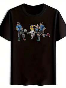 Camiseta de Fútbol para Hombre con Estampado de Estrella Negra - Diseño Divertido de Jugador de Fútbol en Estilo Cómic, Cuello Redondo Casual, Manga Corta, Camiseta de Poliéster para Verano, Ideal para Aficionados y Jugadores, Seda Fría, Secado Rápido, Transpirable, Sin Sensación de Calor - Negro - Ver 1