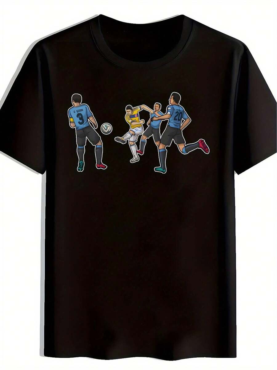 Camiseta de Fútbol para Hombre con Estampado de Estrella Negra - Diseño Divertido de Jugador de Fútbol en Estilo Cómic, Cuello Redondo Casual, Manga Corta, Camiseta de Poliéster para Verano, Ideal para Aficionados y Jugadores, Seda Fría, Secado Rápido, Transpirable, Sin Sensación de Calor - Negro - Ver 1