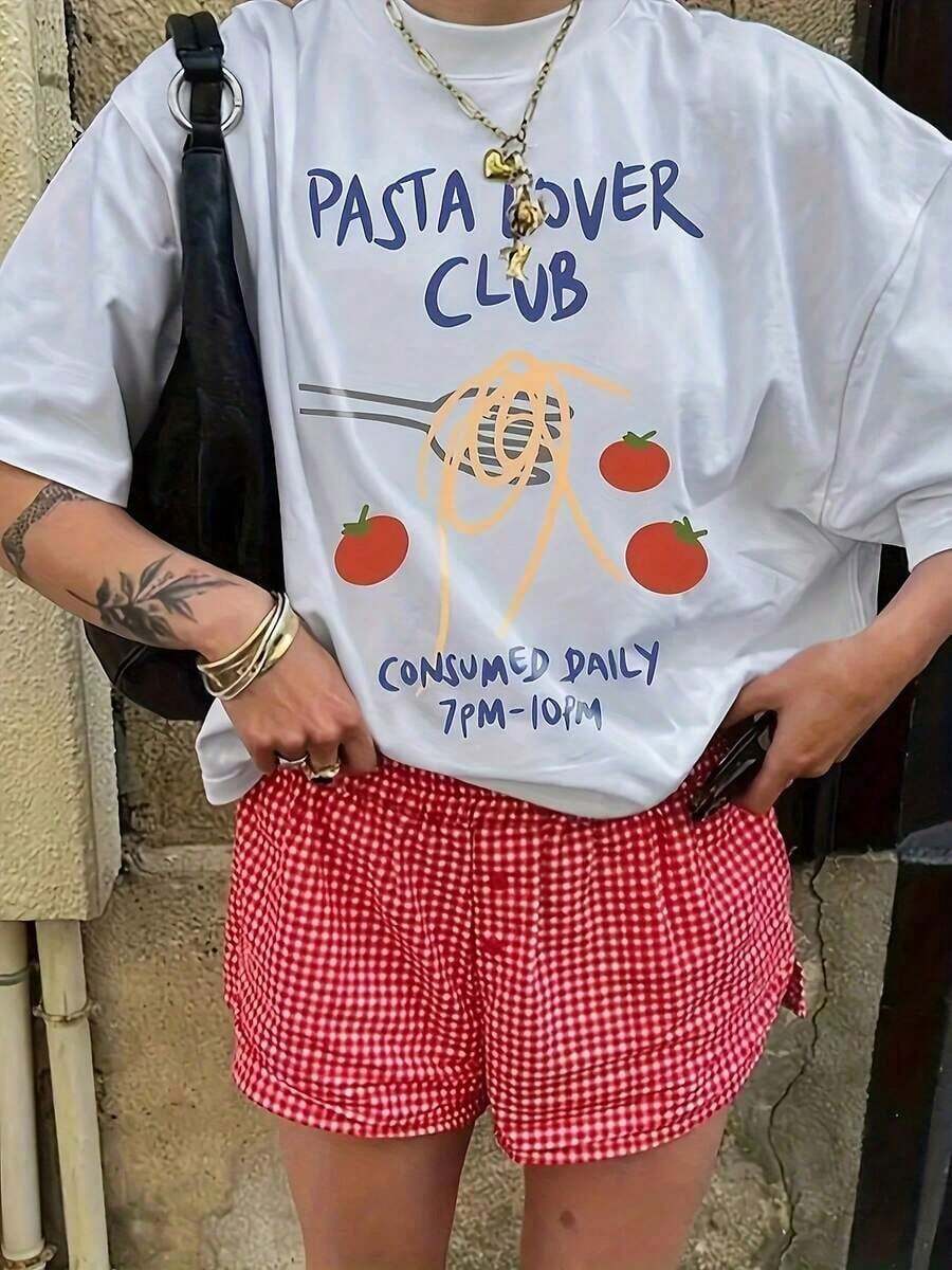 Camiseta de manga corta divertida y linda con estampado de letras y tomates, unisex, de algodón LSBY - Blanco - Ver 1