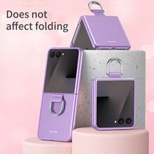 غطاء هاتف متوافق مع Galaxy ZFlip3 ZFlip4 ZFlip5 ZFlip6 ZFlip7 ZFlip7FE، غطاء هاتف بتصميم بسيط بلون موحد مطفي بملمس جلدي مع حامل حلقة شريطي - الأرجواني - مشاهدة 4