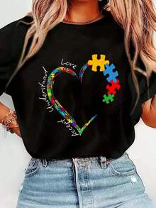 Camiseta de Moda 100% Algodón, Diseño Gráfico, Cuello Redondo, Manga Corta, Estilo Urbano Vintage, Unisex, Holgada, para Mujer y Hombre, Temática de Aceptación y Conciencia sobre el Autismo, Divertida, para Vacaciones - Negro - Ver 7