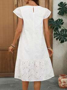 Vestido midi casual de fiesta con cuello redondo, bordado floral y drapeado - Blanco - Ver 2
